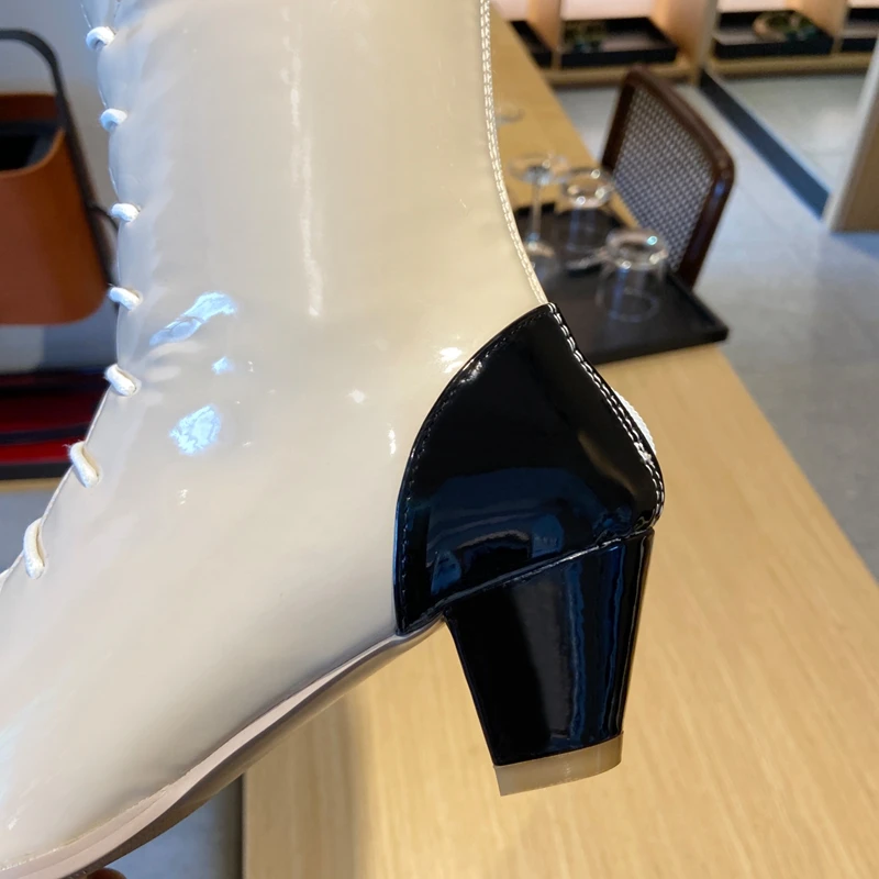 Jual 2021 Baru Plus Ukuran Besar 33-48 Aprikot Hitam Berenda Mode Hak Menengah Musim Dingin Musim Gugur Perempuan Wanita Perempuan Sepatu Bot X2061
