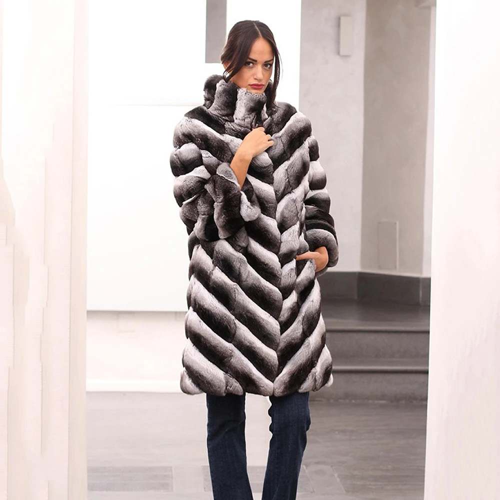 90cm Long Real Fur Coats Women Winter Chinchilla Color Natural Whole Skin Rex Rabbit Fur Coat Genuine 2022 Trendy Fur Overcoats
