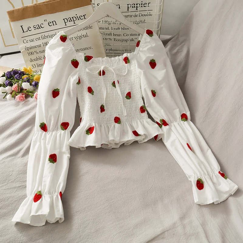 Рубашка с клубничным принтом топ квадратным вырезом милая Корейская блузка