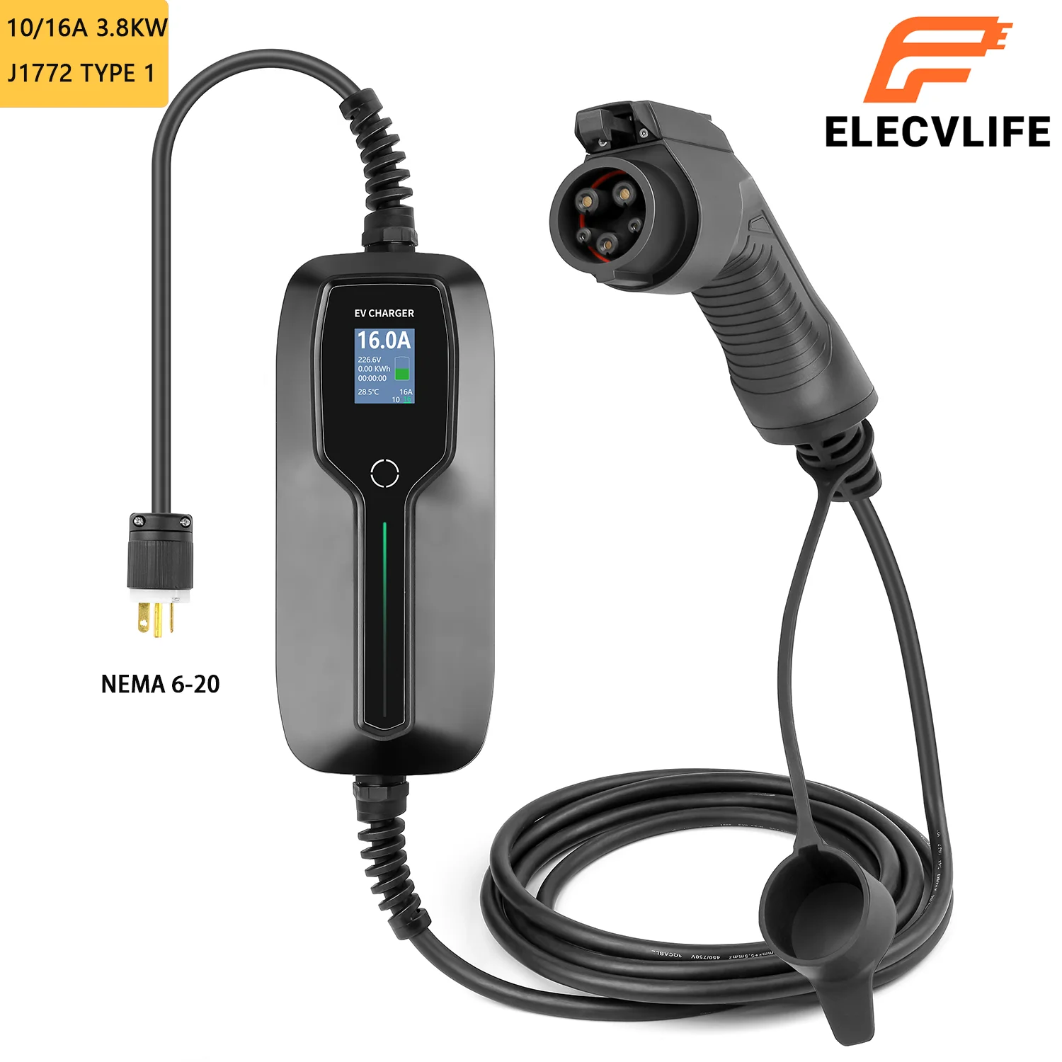 Elecvlife EV Charger Type 1 SAE J1772 Vehicle Charger Level 2 Portable Charger NEMA6-20 Plug 10/16A 3.6KW,100-240V, 25ft Cable