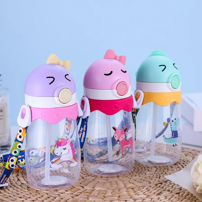 

New children's plastic straw cup cute cartoon pp learn to drink cup strap baby leak-proof suction bottle