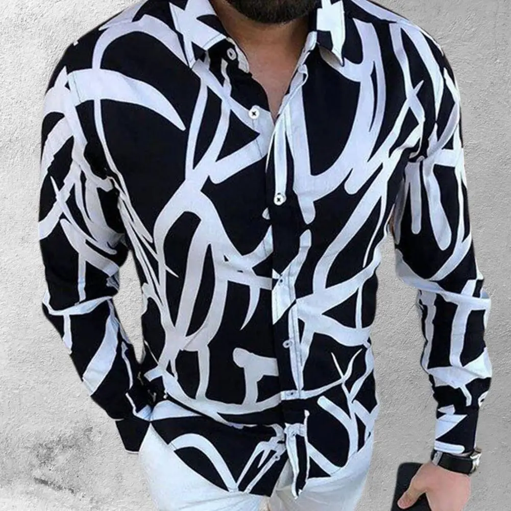 

Men Shirt Long Sleeve Turn-down Collar Vintage Stylish Anti-shrink Buttons Slim- Fit Male Casual Printed Shirts Autumn