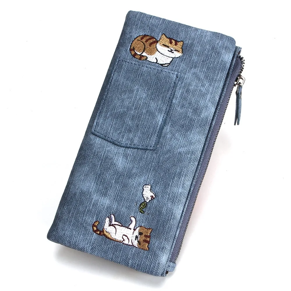 

Kawaii Cat Embroidery Long Purse Women Denim Wallet 2021 New Korean Fashion Card Holder Two-Fold Handbag Clutch Female Bag