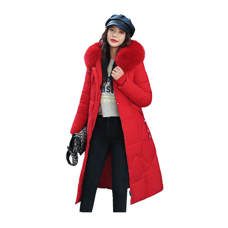 Женская Длинная зимняя куртка с большим меховым воротником капюшоном сзади