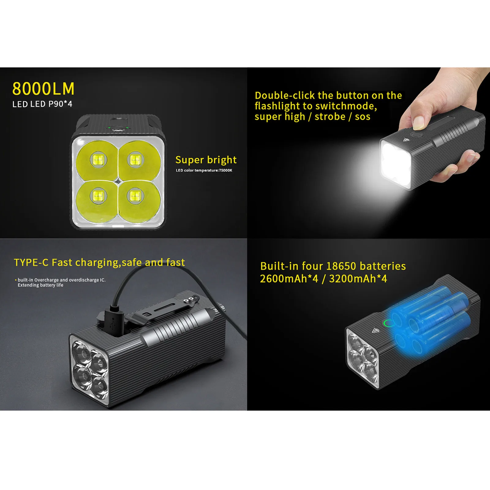 

LED Flashlight Tactial Super Bright Type-c Recharge Torch Super Strong Night Light Flashlight Recharge Torch Outdoor Tools