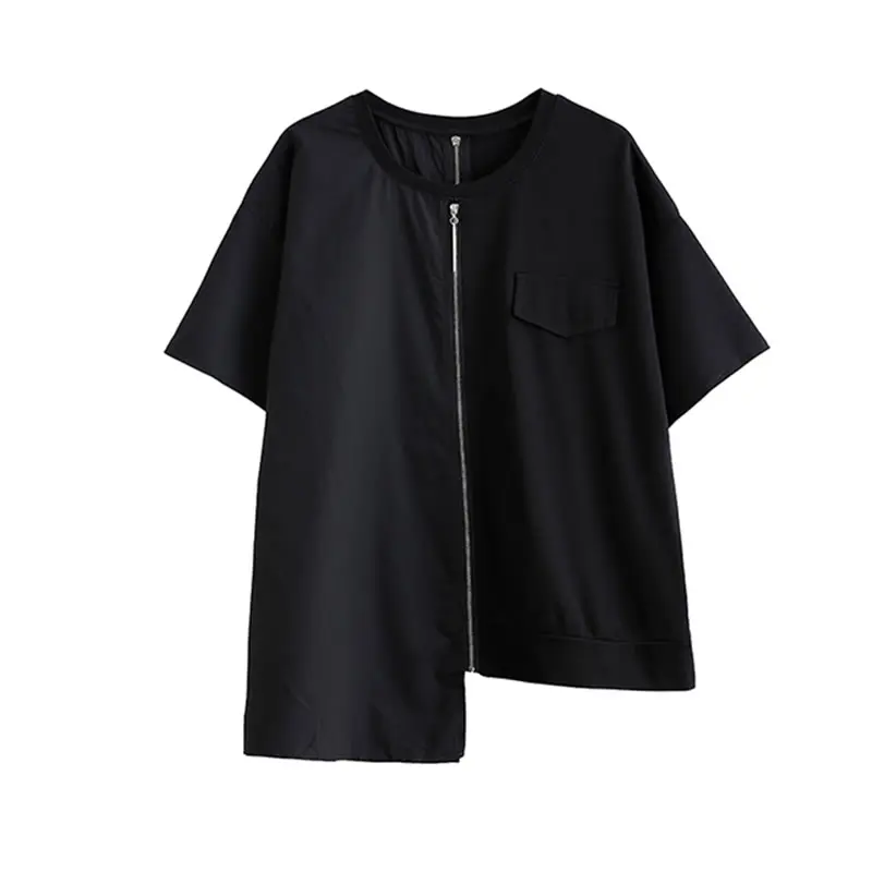 

XITAO Irregular T Shirt Fashion New Women Black Personalized Stitching Zipper 2021 Autumn Minority Tee WMD2164
