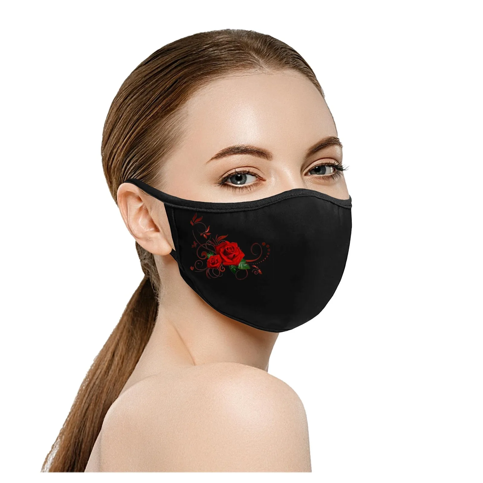 

Women Flower Rose Printed Face Mask Washable Reusable Black Mask Unisex Dustproof Breathable Protective Face Shield Mascarillas