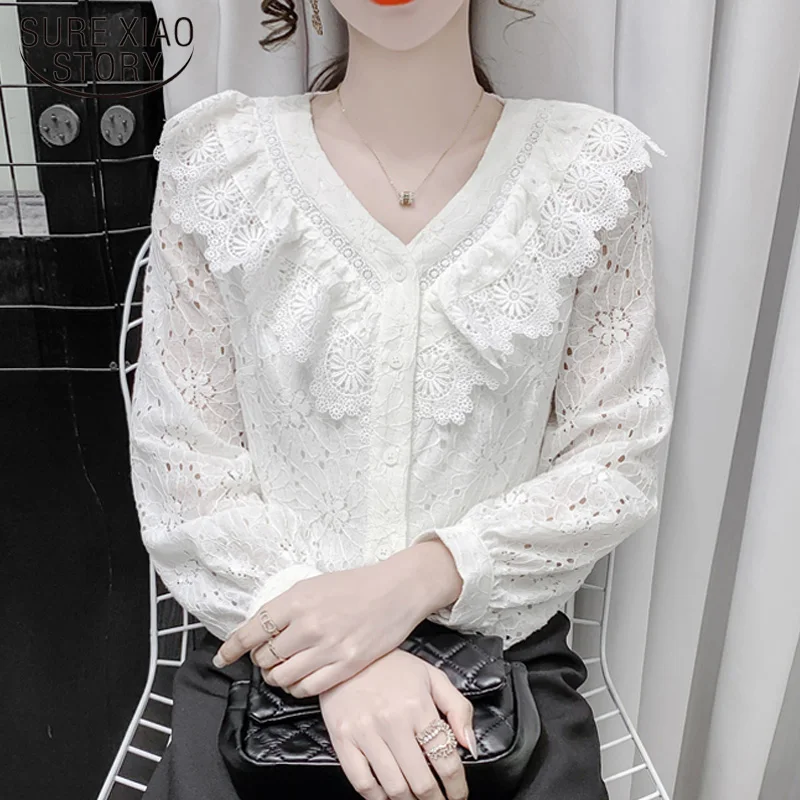 

Sexy V-neck Hollow Out Lace Shirt for Women French Elegant Ruffle White Blouse 2022 Autumn Loose Flowers Long Sleeve Top 17167