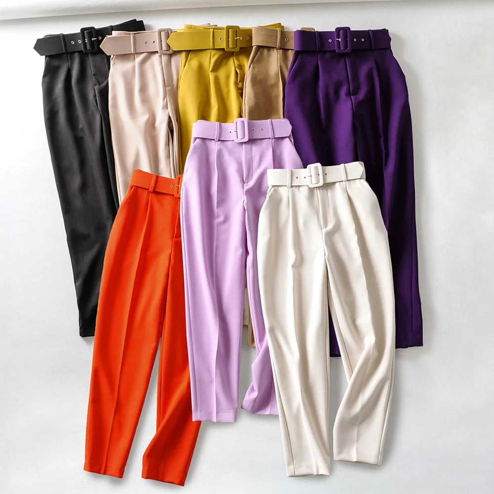 

Women elegant black pants sashes pockets zipper fly solid ladies streetwear 2022 casual chic trousers pantalones candy colors