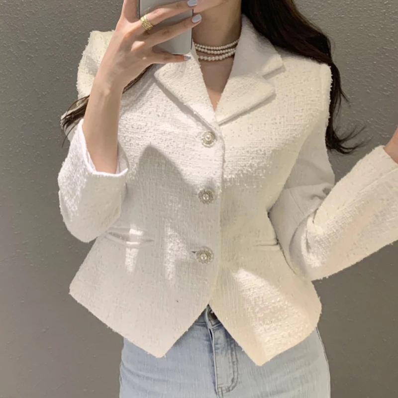 

Tweed Coat 2022 Autumn Female French Vintage Chic Single-Breasted Suit Collar Slim-Fit Waist Long-Sleeved Short Jacket