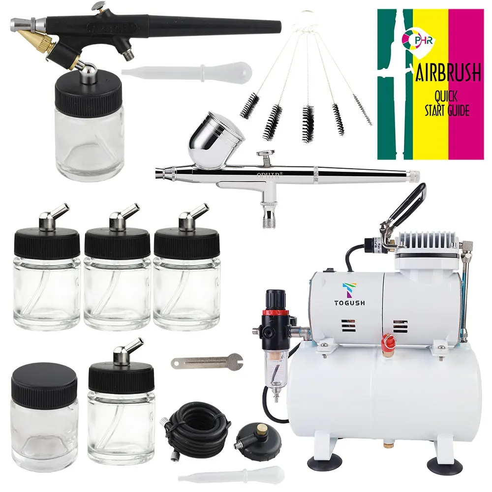 OPHIR Dual Action Spray Gun Airbrush Air Tank Compressor Kit & 4x Single Action Airbrush Bottle & Cleaning brush for Hobby AC134