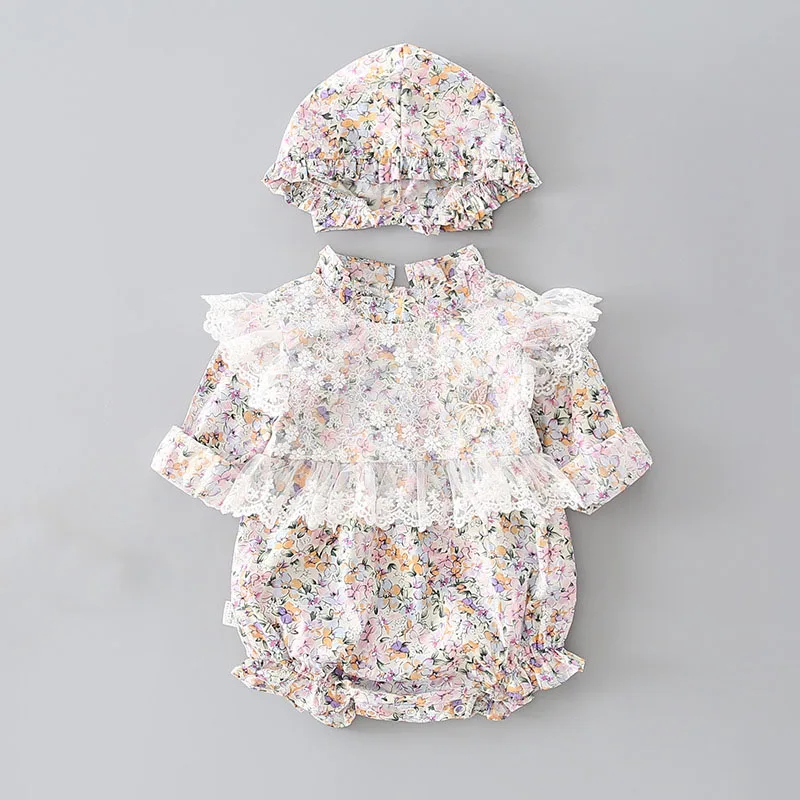 Одежда для маленьких девочек детский цветочный хлопковый комбинезон + шапочка