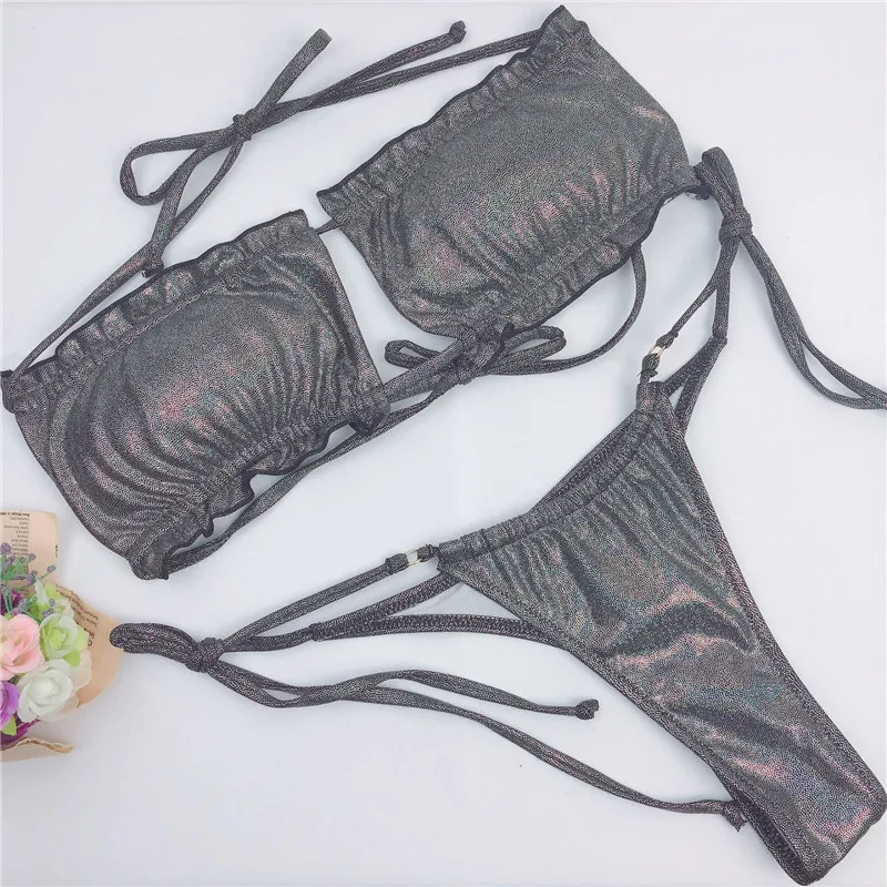 In X сексуальные стринги бикини 2020 Женский Серебряный Купальник бандо женский