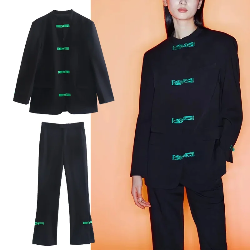 

TRAF ZA&ree Woman Suit Spring Autumn Fashion Women Knot Button Blazer And Straight Pants Set Lady Office Blazer Suit Outfits
