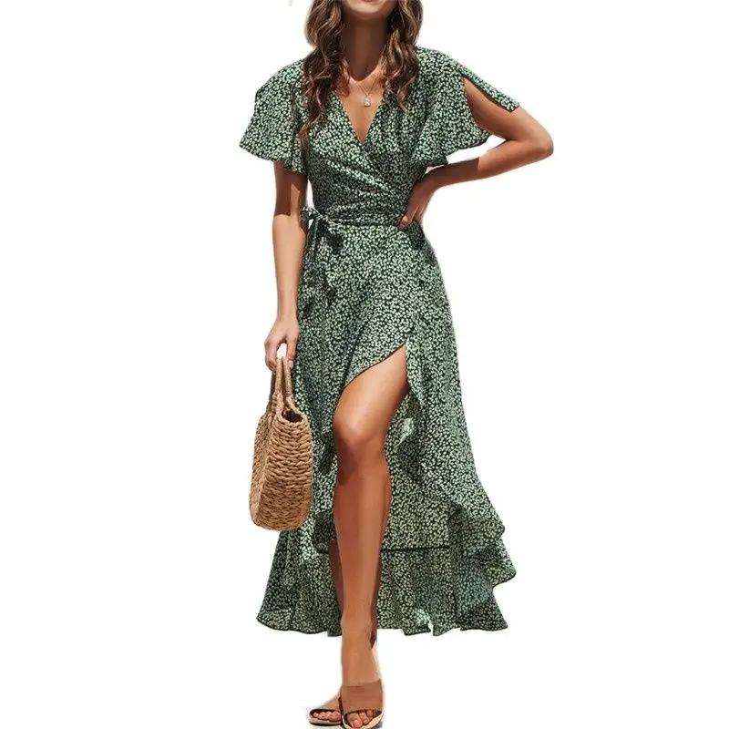 

Summer Beach Maxi Dress Women Chiffon Floral Print Boho Long Dress Sexy V-Neck Ruffles Wrap Split Dress Female Party Dress