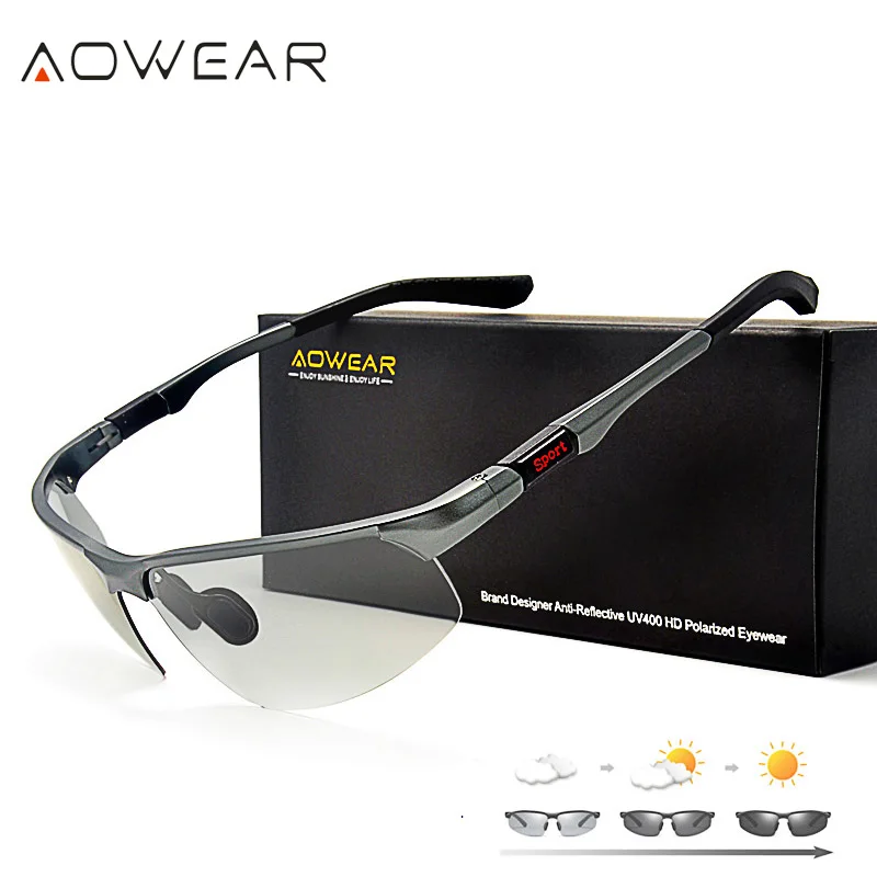 AOWEAR Mens Photochromic Polarized Rimless Sunglasses Men Day Night Driving Chameleon Glasses Car Driver  Anti-glare Eyewear