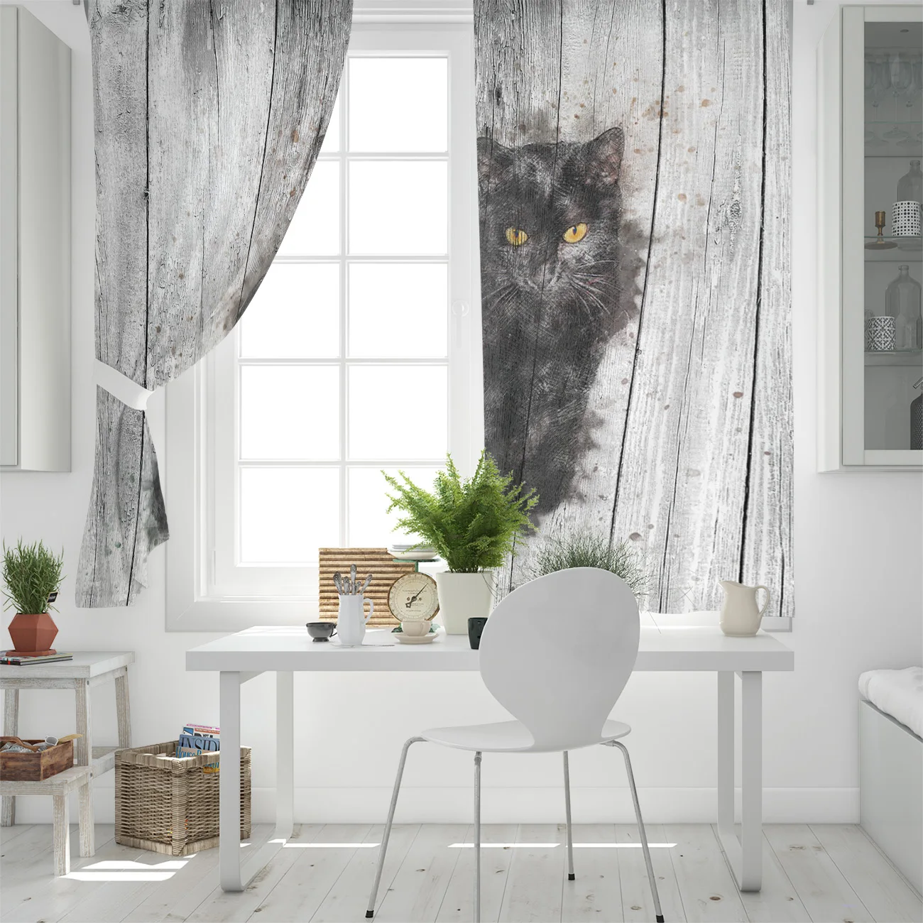 Милая кошка с акварельным стилем на деревянном текстурном фоне оконная