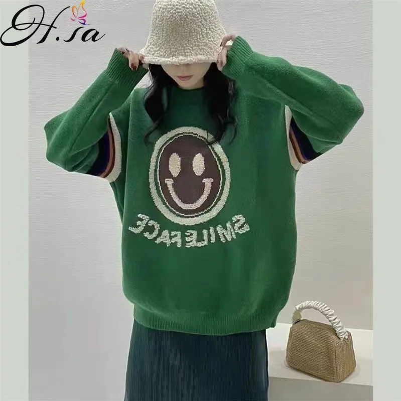 

Hsa 2021 Winter Sweaters Face Kawaii Girls Green Sweater Women Female Coat Korean Style Loose ONeck Pullover Knitting Chic Tops