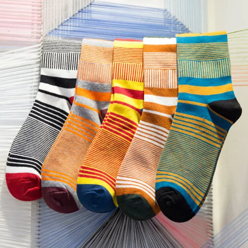 

5 Pairs Men Color Block Fine Stripes Print Cotton Crew Socks Harajuku Hosiery