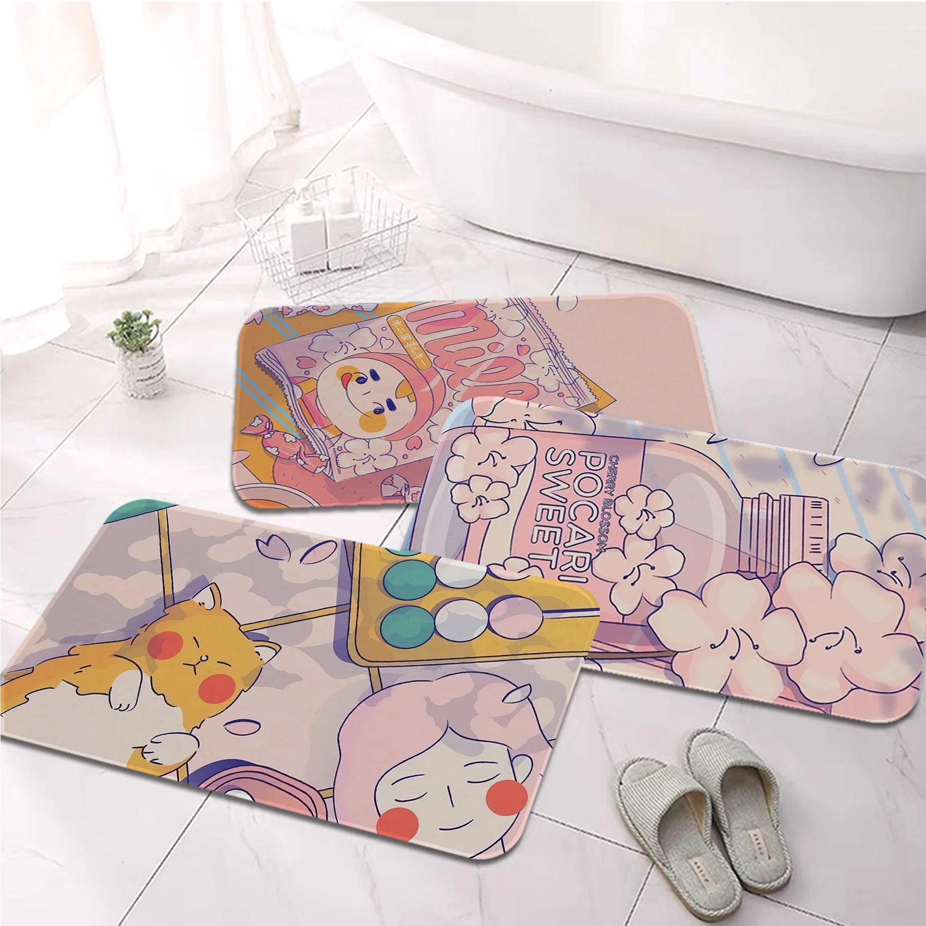 

Anime Pink Cute Kawaii food Printed Flannel Floor Mat Bathroom Decor Carpet Non-Slip For Living Room Kitchen welcome Doormat