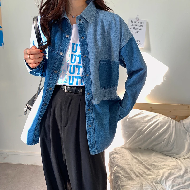 HziriP OL Style Elegant Women Denim Blouse 2020 New Long Sleeve Stitching Loose Jeans Shirt Vintage Office Ladies Tops Blusas |