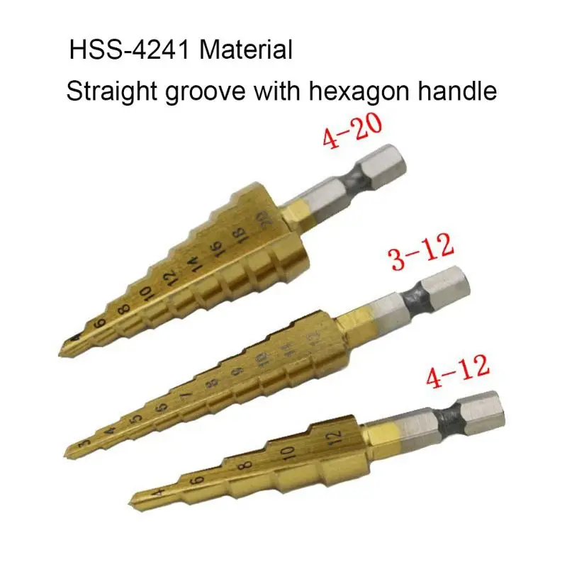 

3pcs/set 3-12mm 4-12mm 4-20mm Step Cone Drill Bit Hexagonal Shank High Speed Steel Hole Cutting Wood Metal W0YF