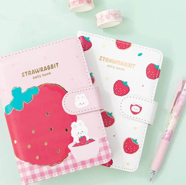 

1PC Strawberry Rabbit Magnetic Snap Notebook Scrapbook Note Pad PU Cover Diary School Supplies Agenda Journal Accessories Gift