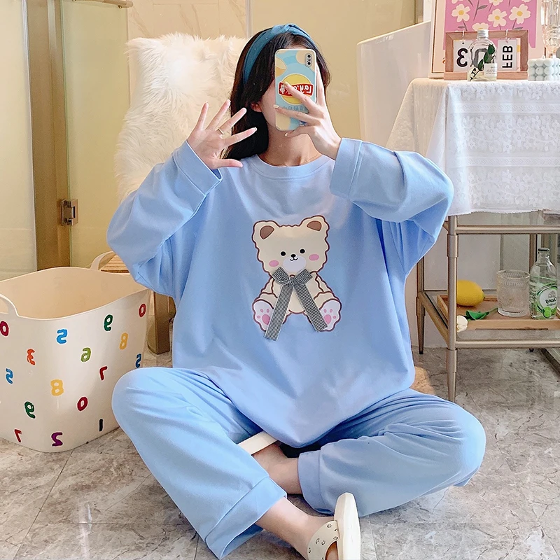 

Cotton Pullover Top Long Pants Trousers Pajama Set Women 2021 Causal Carton Loose Simple Pajamas Set Female Oversized Pijamas