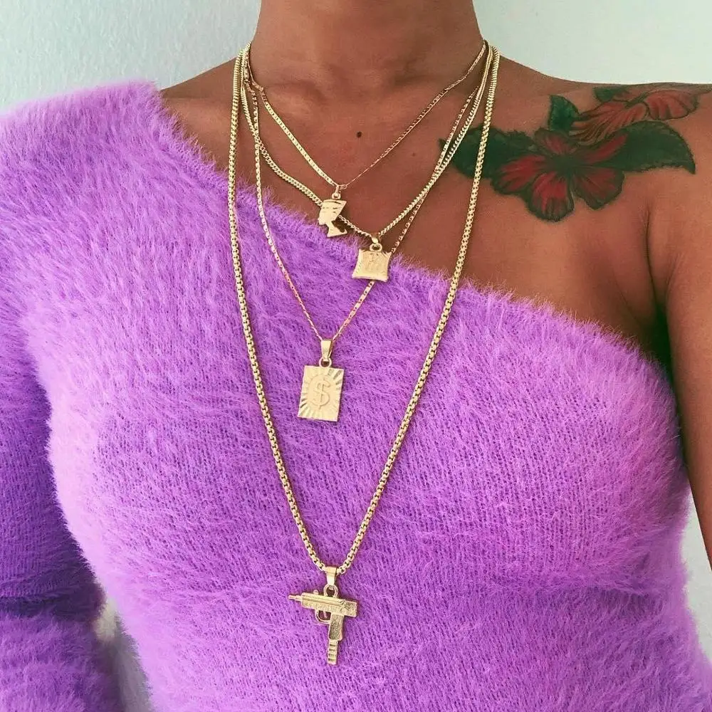 Модная подвеска крест пистолет ожерелье для женщин золото многослойное Ожерелье