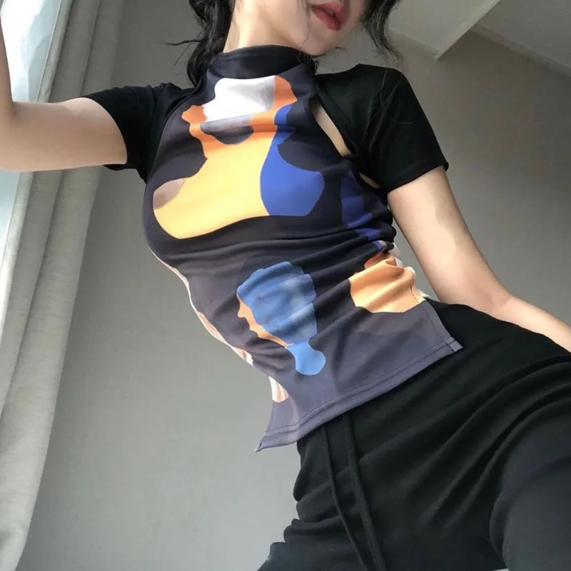 

HEZIOWYUN Women Y2K High Street Mock Neck Slim Tops Fashion Short Sleeve Portrait Graphic Cutout Skinny Fit T-Shirts