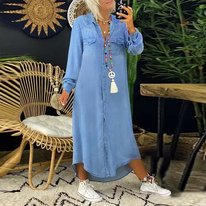 

Casual Demin Dress Women Long Sleeve Shirts Dresses 2022 VONDA Office Ladies Asymmetric Sundress Vestidos Femininas S-
