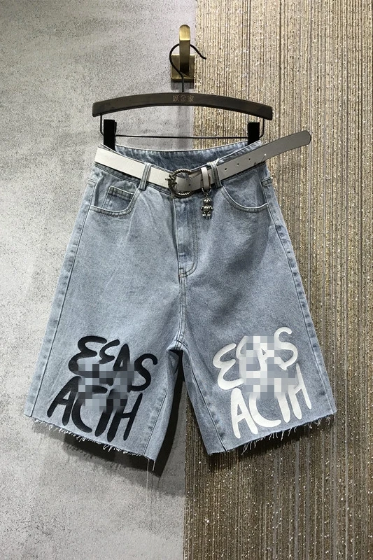 

Wide Leg Denim Shorts Female 2021 Summer New High Waist Letters Printing Jeans Women Burr Straight Slimming Shorts Pants