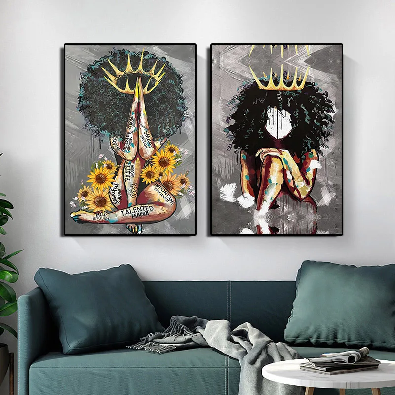 

Абстрактная Картина на холсте, Черная Плетеная женщина с короной, Подсолнух, без рамы, для гостиной, искусство, домашний декор, современный н...