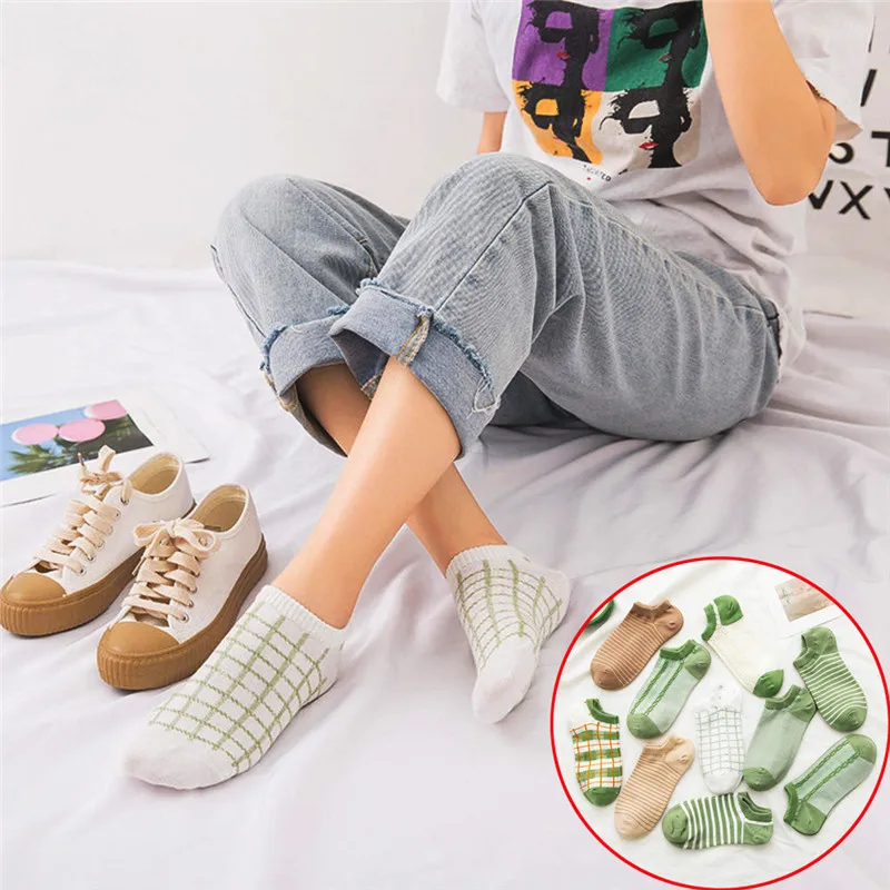 

10 Styles Optional Avocado Green Cotton Short Socks Retro Striped Diamond Lattice Summer Patchwork Women Ankle Socks