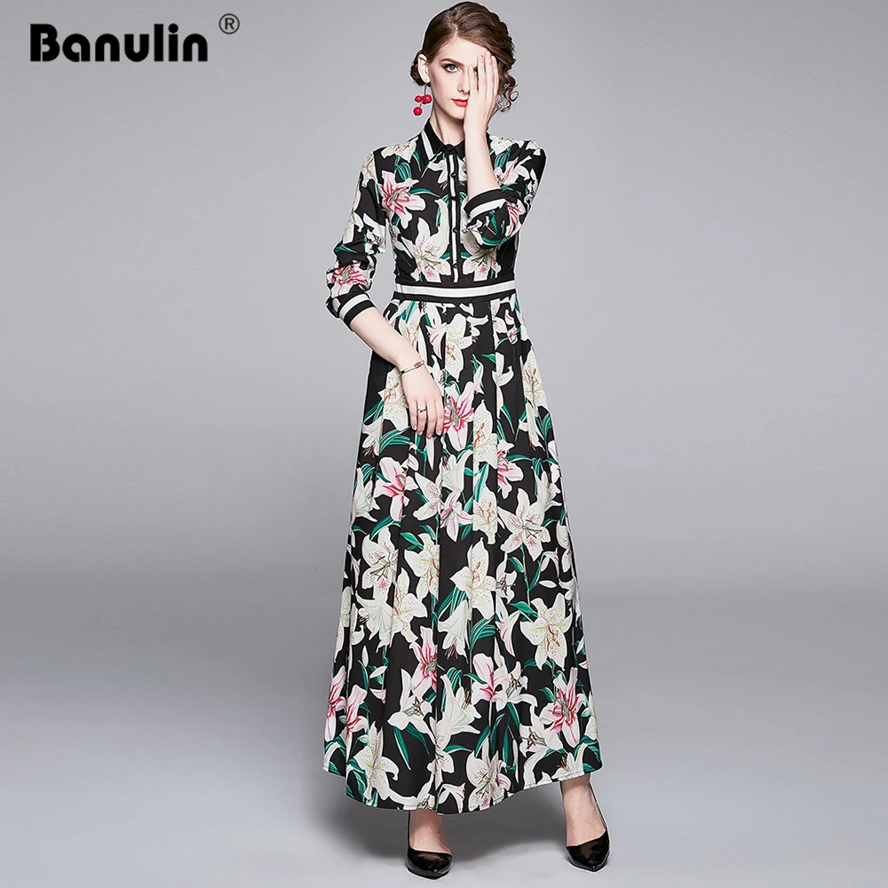 

Banulin Spring Autumn Runway Floral Dress Women's Long Sleeve Chic Lily Print Elegant Long Maxi Dress robe longue femme ete