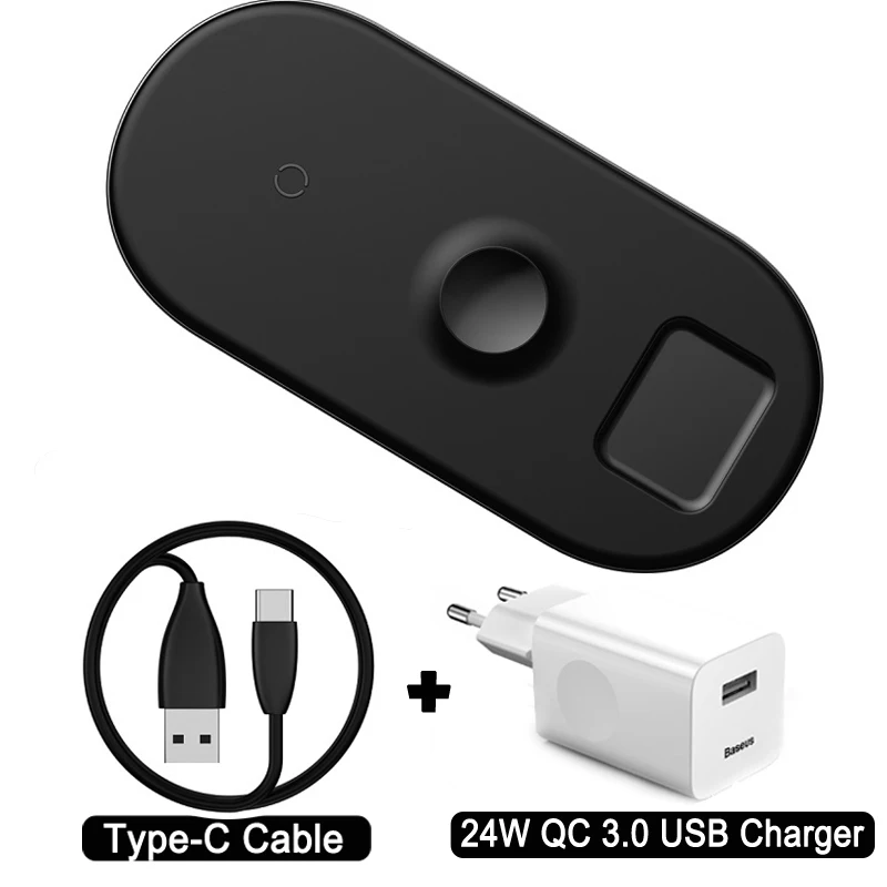 With Adapter Беспроводное зарядное устройство Baseus для iPhone X XS MAX XR 8 быстрая Беспроводная Полная нагрузка 3 в 1 Зарядная площадка для Airpods Apple Watch 4 32 - Цвет: With Adapter