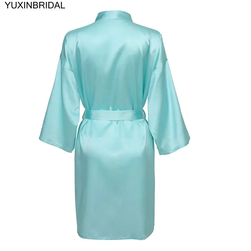 Aqua blue YUXNBRIDAL Атласный халат для невесты, Свадебный банный халат, одежда для невесты, Свадебный Однотонный женский халат до колена - Цвет: Aqua blue