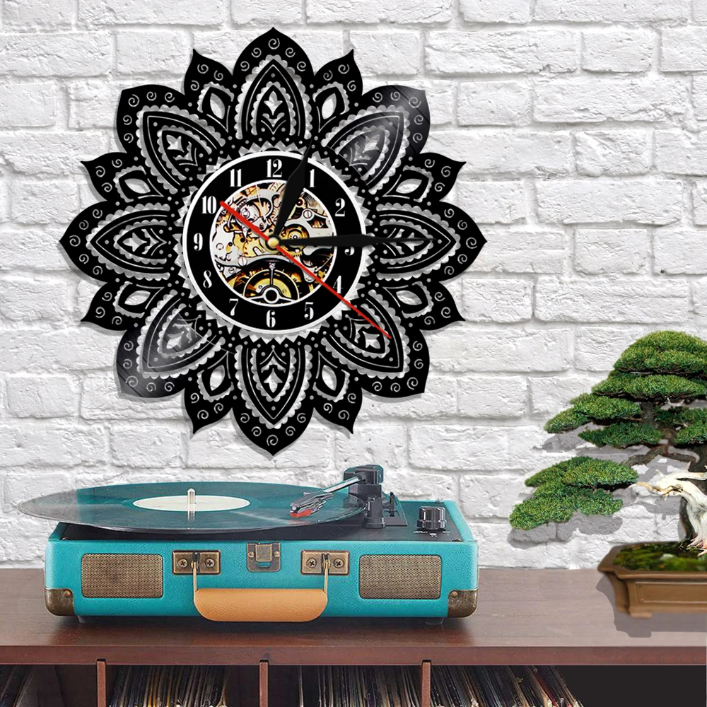 Мандала лотоса настенные часы в форме цветка виниловых пластинок современный