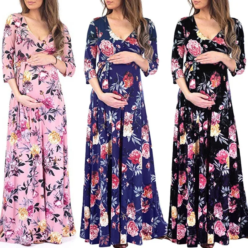 Новинка Осень-зима 2019 женское длинное платье с V-образным вырезом и цветочным