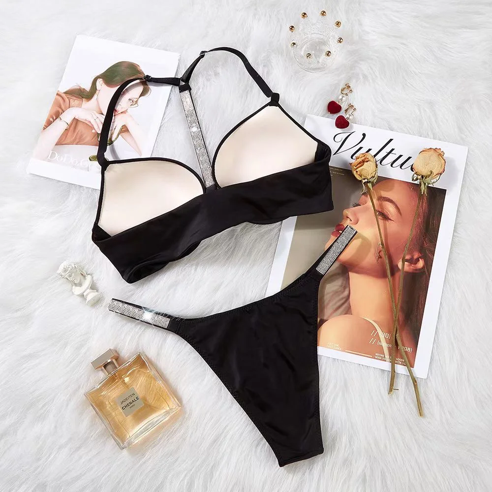 

Sexy Bra set 2 pieces Rhinestone letters Beauty Back Big Backless Lingerie Underwear Wireless Gather Push Up Seamless Bralette