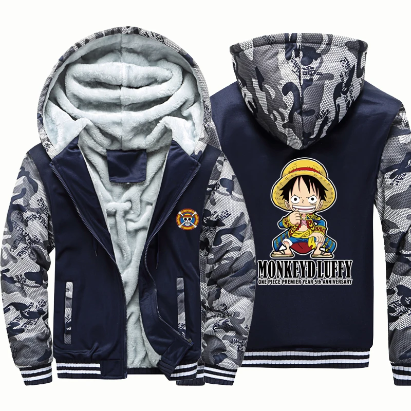 

One Piece Luffy Anime windbreak outwear coat men warm hoodie man thick Camouflage Sleeve causal winter Jacket hoody men clothes