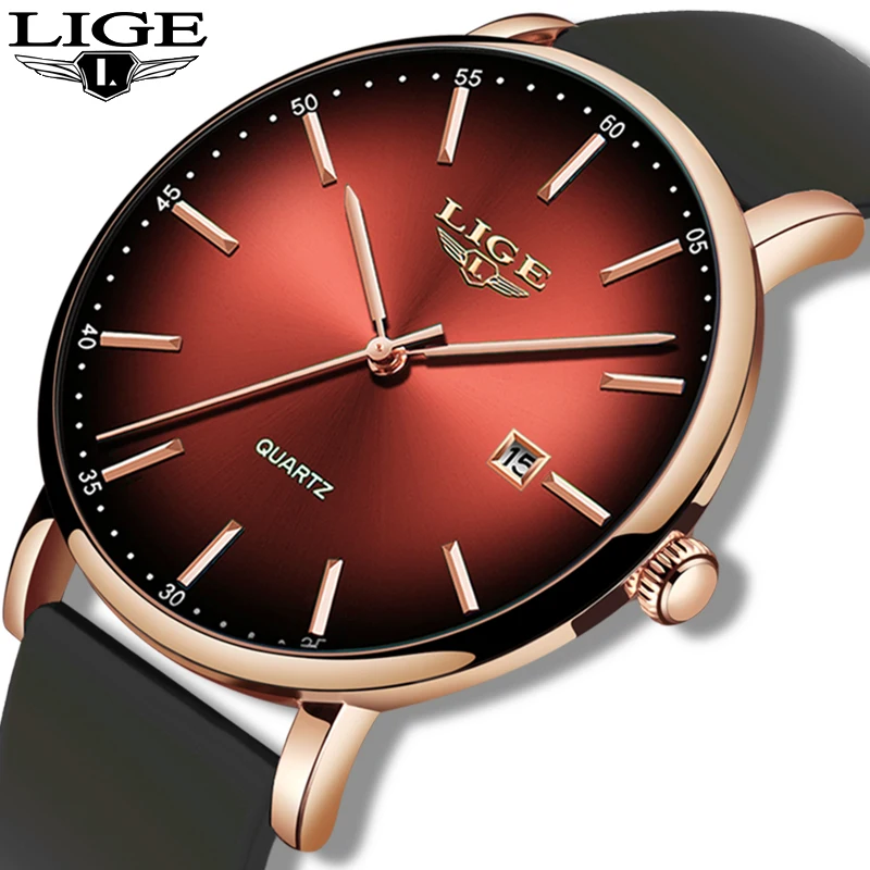 2020 LIGE красный топ бренд Роскошные часы для мужчин Уникальный силиконовый ремешок