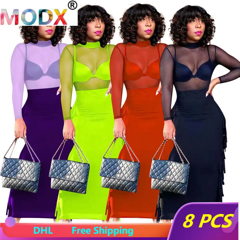 

Sexy Mesh Dress Sets Women Skirts Two Piece Set Sheer Long Sleeve Tops+Tassel Maxi Skirt Solid Color Bodycon Night Clubwear 6339
