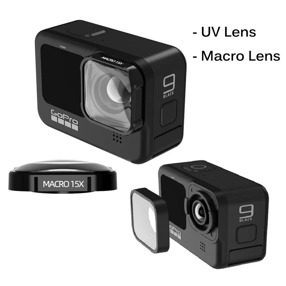 Алюминиевый 15X макрообъектив для камеры Gopro Hero 9 черный УФ оптический стеклянный