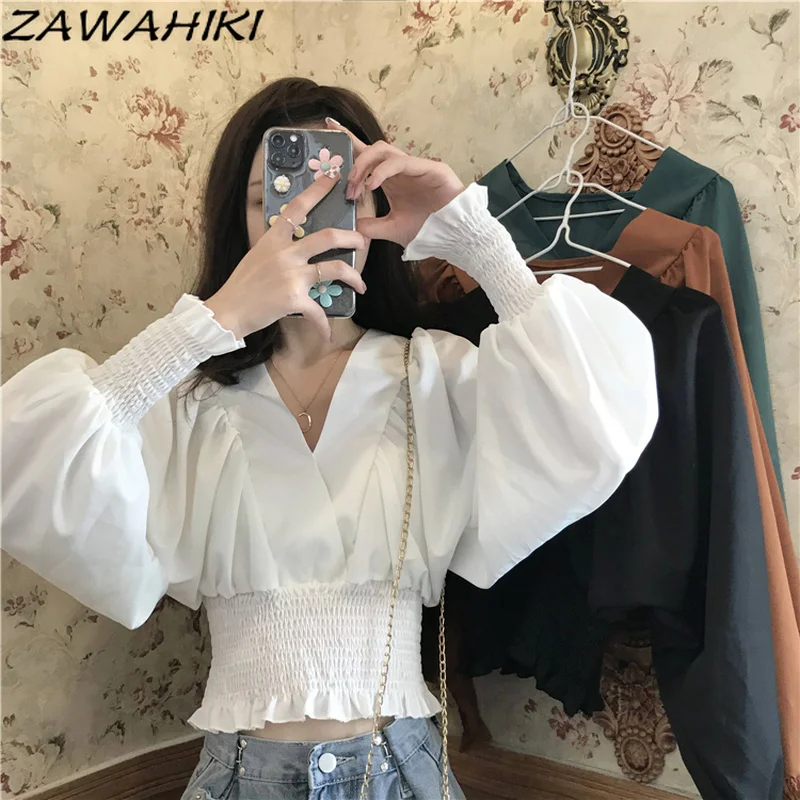 

Винтажная модная женская рубашка zawхитки, весна 2021, V-образный вырез, длинный рукав-фонарик, складки, топы с зауженной талией, однотонные коро...