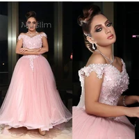 off the shoulder pink long prom dresses elegant lace arabic evening gowns plus size 2021 vintage tulle party dress with beaded
