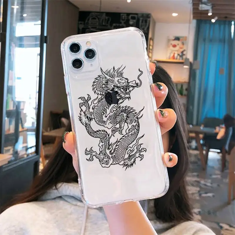 

Dragon Black and white lines Phone Case Transparent for iPhone 6 7 8 11 12 s mini pro X XS XR MAX Plus
