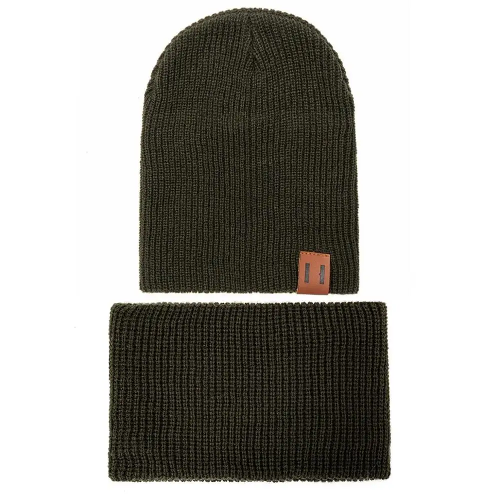 Army Green Модная осенне-зимняя шапка и шарф для женщин, детская шапка и шарф, одноцветная Шапка-бини, шапка и снуд для мальчиков и девочек - Цвет: Army Green