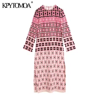 kpytomoa women 2021 chic fashion geometric print side vents midi dress vintage long sleeve back zipper female dresses mujer