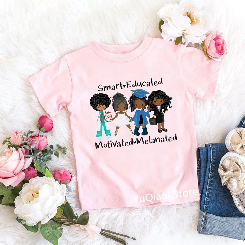 

Smart Educated Motivated Melanated Little Afro Black Kids Print T-Shirt Cute Baby Girls Clothes Pink T Shirt Summer Children Top